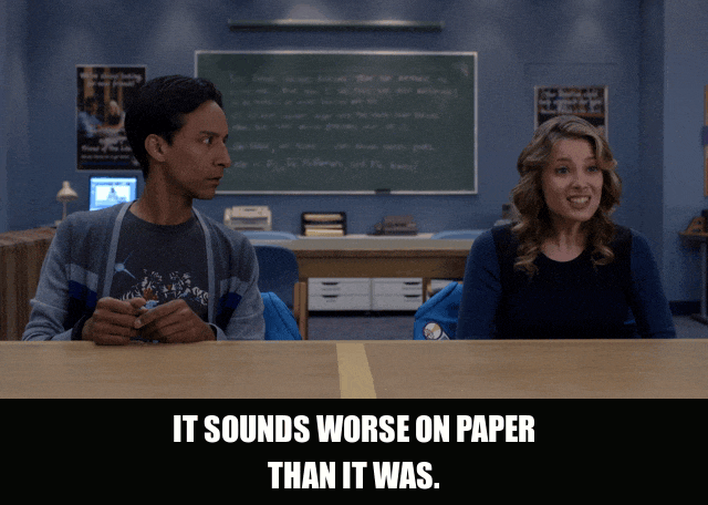 Danny Pudi in Community (2009), captioned "It sounds worse on paper than it was.", Flat and Unbothered reaction animated GIF