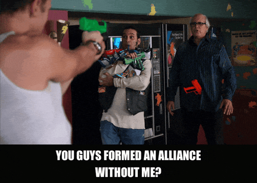 Chevy Chase in Community (2009), captioned "You guys formed an alliance without me?", Offended and Shocked reaction animated GIF