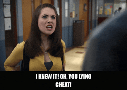 Alison Brie in Community (2009), captioned "I knew it! Oh, you lying cheat!", Vindicated and Furious reaction animated GIF