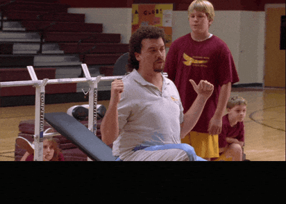 Danny Mcbride in Eastbound & Down (2009), captioned "Let's pump some iron, bitches.", Confident and Arrogant reaction animated GIF