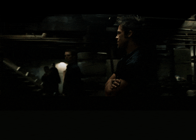 Brad Pitt in Fight Club (1999), captioned "The first rule of Fight Club is you do not talk about Fight Club.", Intense and Commanding reaction animated GIF
