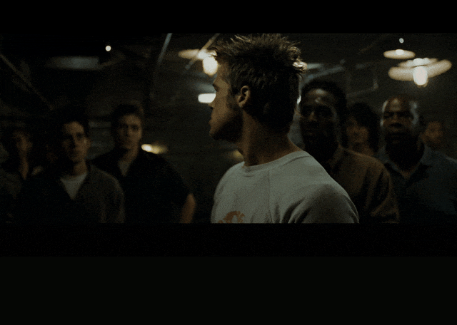 Brad Pitt in Fight Club (1999), captioned "We're the middle children of history, man. No purpose or place.", Intense and Nihilistic reaction animated GIF