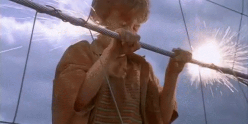 Sam Neill and Joseph Mazzello in Jurassic Park (1993), Panicked and Climbing reaction animated GIF