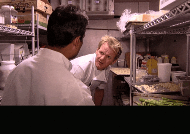 Gordon Ramsay in Kitchen Nightmares (2007), captioned "Fresh frozen? Yes, chef. There's no such thing. It's either fresh or it's frozen.", Incredulous and Exasperated reaction animated GIF