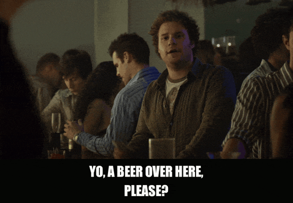 Seth Rogen in Knocked Up (2007), captioned "Yo, a beer over here, please?", Casual and Assertive reaction animated GIF