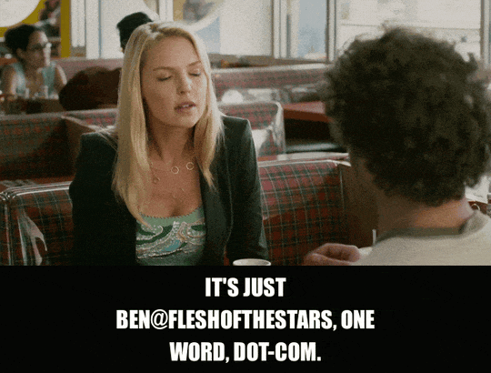 Seth Rogen in Knocked Up (2007), captioned "It's just ben@fleshofthestars, one word, dot-com.", Earnest and Awkward reaction animated GIF