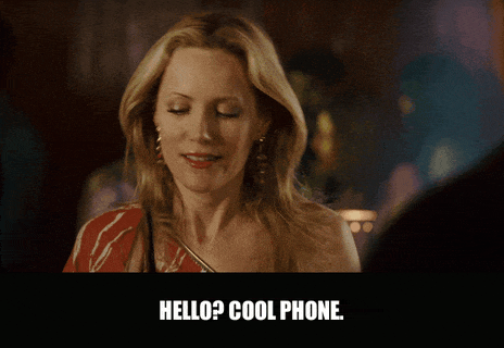 Katherine Heigl and Seth Rogen in Knocked Up (2007), captioned "Hello? Cool phone.", Charmed and Flirty reaction animated GIF