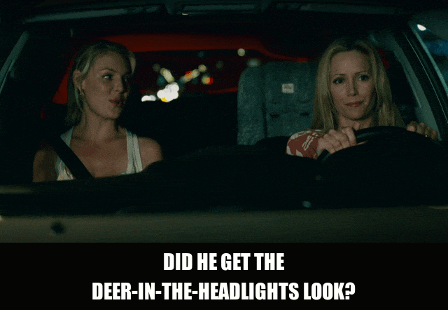 Katherine Heigl in Knocked Up (2007), captioned "Did he get the deer-in-the-headlights look?", Amused and Curious reaction animated GIF