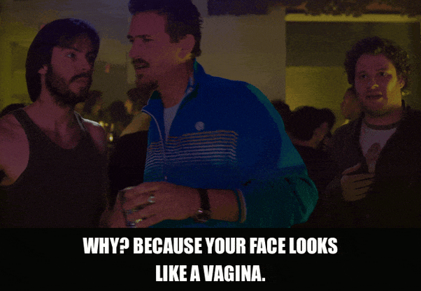 Seth Rogen in Knocked Up (2007), captioned "Why? Because your face looks like a vagina.", Deadpan and Dismissive reaction animated GIF