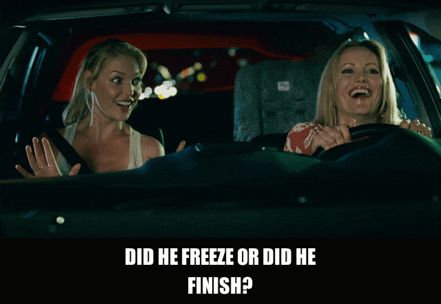 Katherine Heigl in Knocked Up (2007), captioned "Did he freeze or did he finish?", Amused and Curious reaction animated GIF