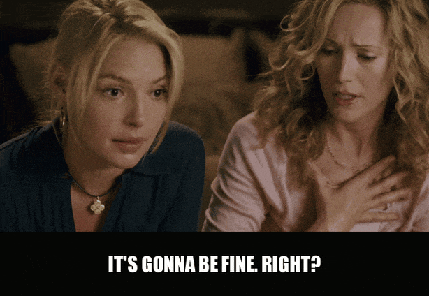 Katherine Heigl in Knocked Up (2007), captioned "It's gonna be fine. Right?", Anxious and Hopeful reaction animated GIF