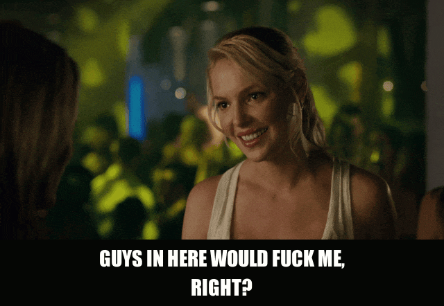 Leslie Mann in Knocked Up (2007), captioned "Guys in here would fuck me, right?", Insecure and Desperate reaction animated GIF