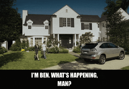 Seth Rogen in Knocked Up (2007), captioned "I'm Ben. What's happening, man?", Cheerful and Awkward reaction animated GIF