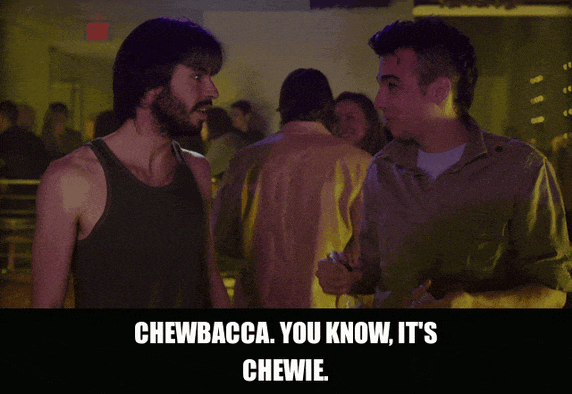 Martin Starr in Knocked Up (2007), captioned "Chewbacca. You know, it's Chewie.", Annoyed and Defensive reaction animated GIF