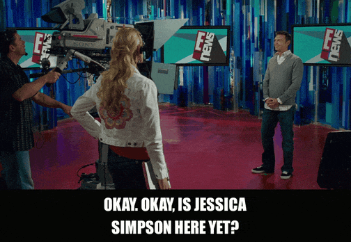 Katherine Heigl in Knocked Up (2007), captioned "Okay. Okay, is Jessica Simpson here yet?", Eager and Excited reaction animated GIF
