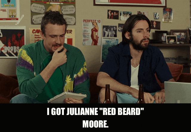 Julianne Red Beard Moore from Knocked Up (2007), captioned "I got Julianne "Red Beard" Moore.", Proud and Nerdy reaction animated GIF