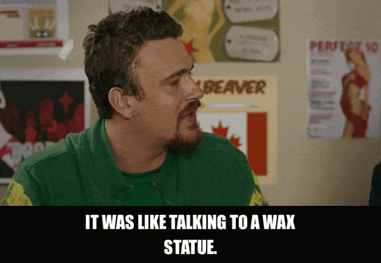 Jason Segel in Knocked Up (2007), captioned "It was like talking to a wax statue.", Exasperated and Deadpan reaction animated GIF