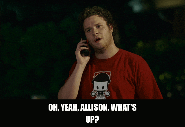 Seth Rogen in Knocked Up (2007), captioned "Oh, yeah, Allison. What's up?", Casual and Surprised reaction animated GIF
