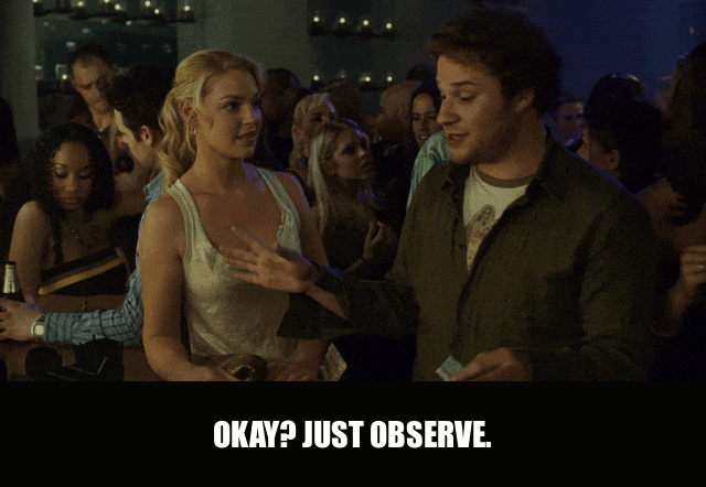 Seth Rogen in Knocked Up (2007), captioned "Okay? Just observe.", Confident and Mischievous reaction animated GIF