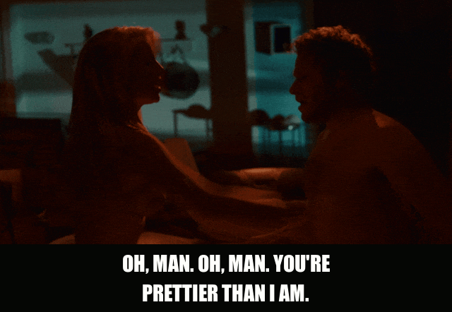 Seth Rogen in Knocked Up (2007), captioned "Oh, man. Oh, man. You're prettier than I am.", Flustered and Charmed reaction animated GIF