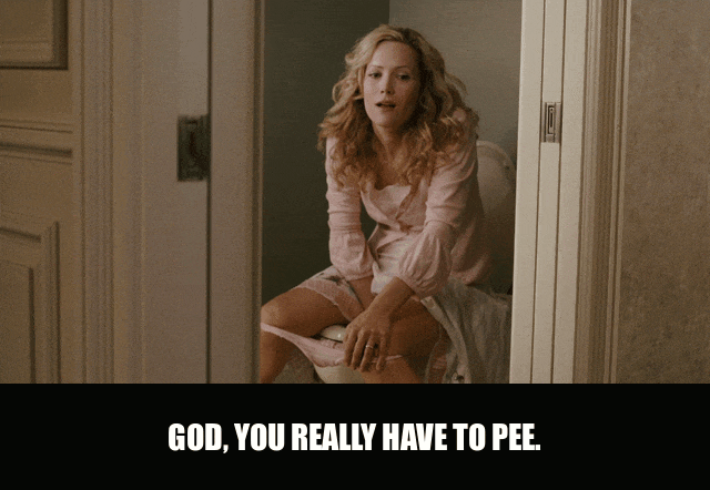 Leslie Mann in Knocked Up (2007), captioned "God, you really have to pee.", Amused and Exasperated reaction animated GIF