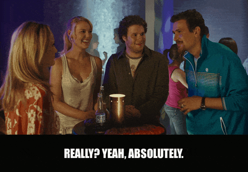 Leslie Mann and Paul Rudd in Knocked Up (2007), captioned "Really? Yeah, absolutely.", Surprised and Enthusiastic reaction animated GIF