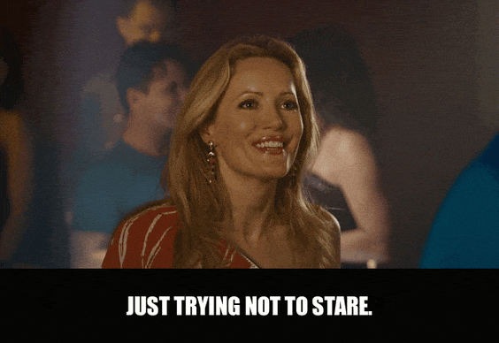 Jason Segel in Knocked Up (2007), captioned "Just trying not to stare.", Awkward and Sheepish reaction animated GIF