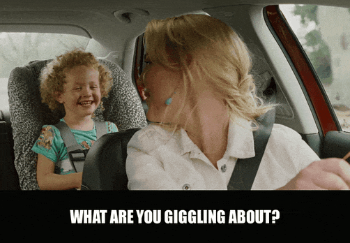 Katherine Heigl in Knocked Up (2007), captioned "What are you giggling about?", Amused and Curious reaction animated GIF