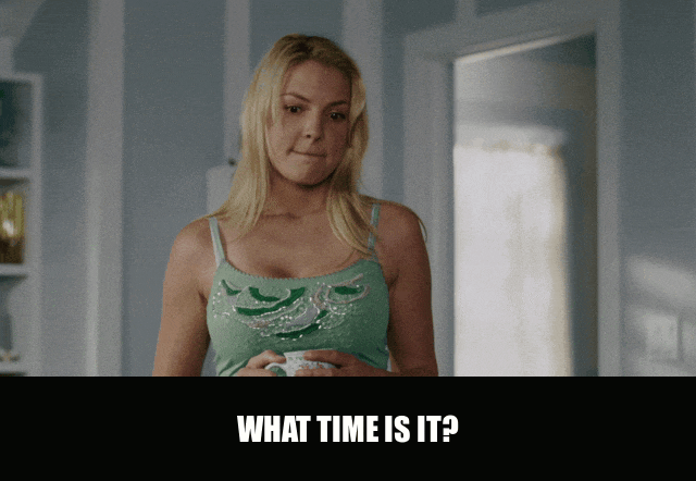 Katherine Heigl in Knocked Up (2007), captioned "What time is it?", Confused and Groggy reaction animated GIF