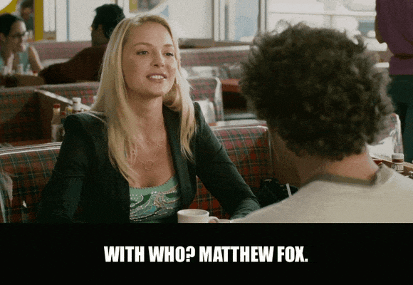 Katherine Heigl in Knocked Up (2007), captioned "With who? Matthew Fox.", Excited and Proud reaction animated GIF