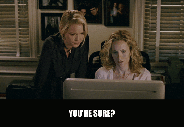 Leslie Mann and Katherine Heigl in Knocked Up (2007), captioned "You're sure?", Skeptical and Concerned reaction animated GIF