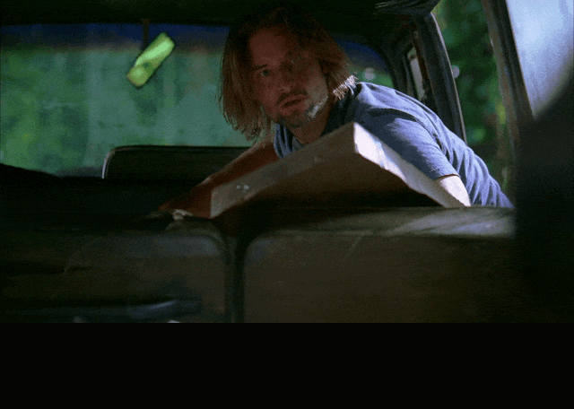 Jorge Garcia and Josh Holloway in Lost (2004), captioned "What's a head doing back here? Oh, that's just Roger.", Deadpan and Startled reaction animated GIF