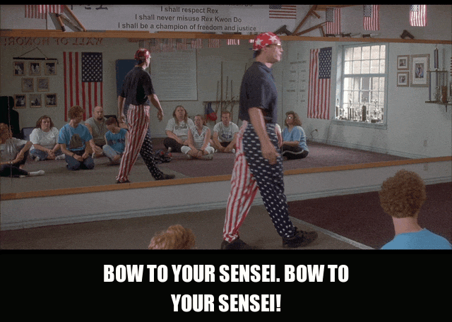 Diedrich Bader in Napoleon Dynamite (2004), captioned "Bow to your sensei. Bow to your sensei!", Intense and Commanding reaction animated GIF
