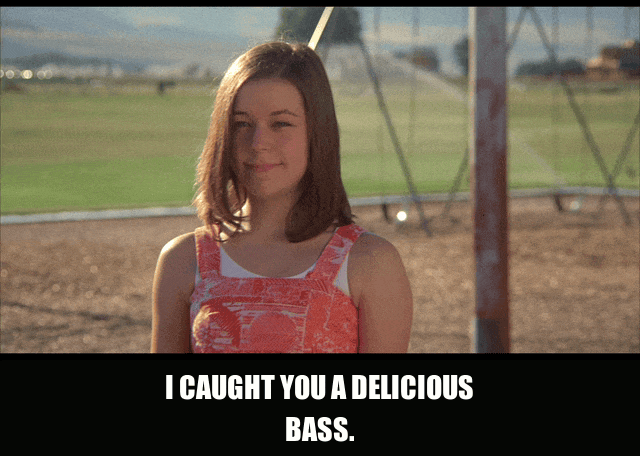 Jon Heder in Napoleon Dynamite (2004), captioned "I caught you a delicious bass.", Proud and Earnest reaction animated GIF