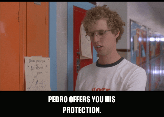 Efren Ramirez in Napoleon Dynamite (2004), captioned "Pedro offers you his protection.", Earnest and Sincere reaction animated GIF
