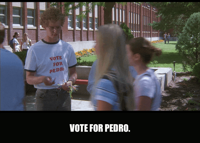 Vote For Pedro from Napoleon Dynamite (2004), captioned "Vote for Pedro.", Earnest and Hopeful reaction animated GIF