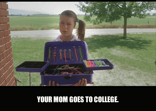 Jon Heder in Napoleon Dynamite (2004), captioned "Your mom goes to college.", Deadpan and Dismissive reaction animated GIF