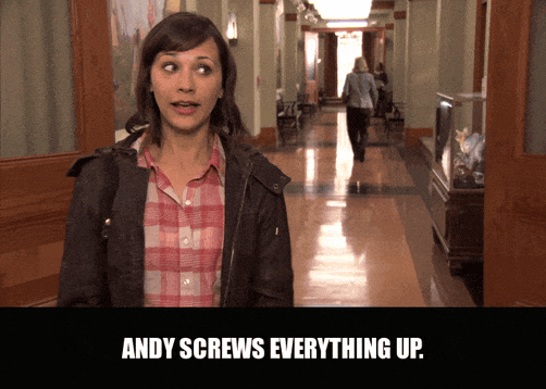 Rashida Jones in Parks and Recreation (2009), captioned "Andy screws everything up.", Exasperated and Resigned reaction animated GIF