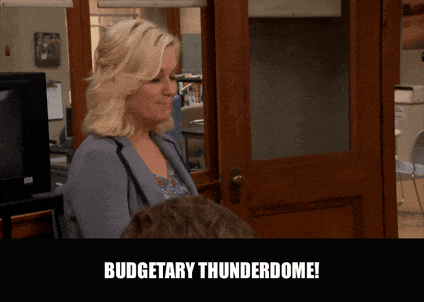 Amy Poehler in Parks and Recreation (2009), captioned "Budgetary Thunderdome!", Excited and Determined reaction animated GIF