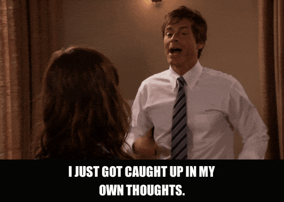 Rob Lowe in Parks and Recreation (2009), captioned "I just got caught up in my own thoughts.", Embarrassed and Sheepish reaction animated GIF