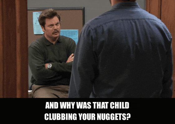 Nick Offerman in Parks and Recreation (2009), captioned "And why was that child clubbing your nuggets?", Confused and Deadpan reaction animated GIF