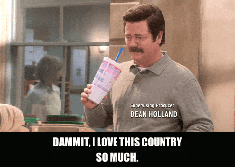 Nick Offerman in Parks and Recreation (2009), captioned "Dammit, I love this country so much.", Pride and Reverence reaction animated GIF