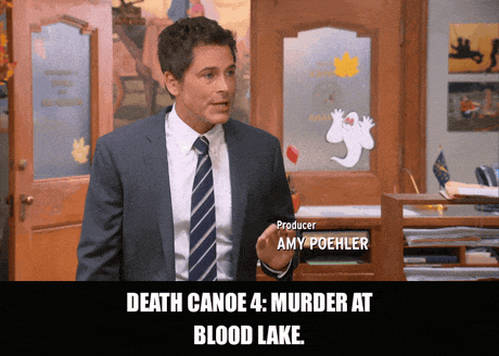 Rob Lowe in Parks and Recreation (2009), captioned "Death Canoe 4: Murder at Blood Lake.", Enthusiastic and Earnest reaction animated GIF