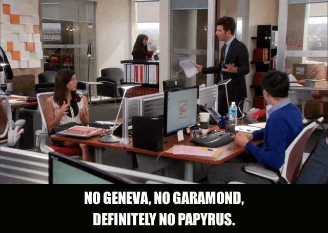 Adam Scott in Parks and Recreation (2009), captioned "No Geneva, no Garamond, definitely no Papyrus.", Exasperated and Authoritative reaction animated GIF