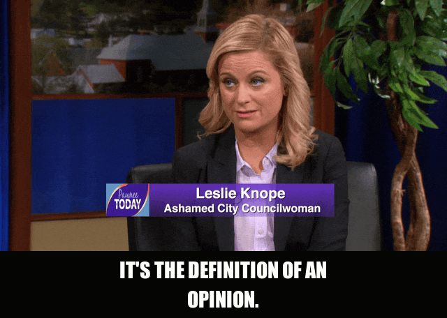 Amy Poehler in Parks and Recreation (2009), captioned "It's the definition of an opinion.", Exasperated and Deadpan reaction animated GIF