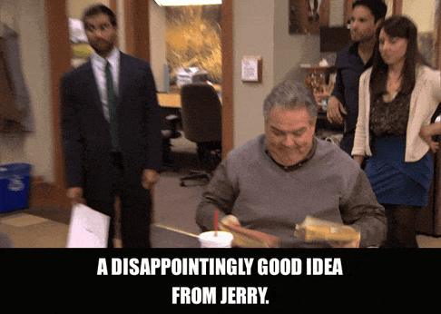 Aziz Ansari in Parks and Recreation (2009), captioned "A disappointingly good idea from Jerry.", Sarcastic and Deadpan reaction animated GIF