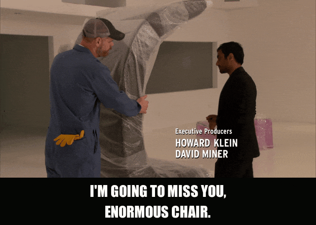 Aziz Ansari in Parks and Recreation (2009), captioned "I'm going to miss you, enormous chair.", Nostalgic and Sincere reaction animated GIF