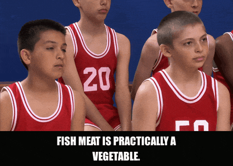 Nick Offerman in Parks and Recreation (2009), captioned "Fish meat is practically a vegetable.", Deadpan and Authoritative reaction animated GIF