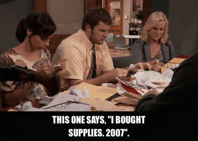 Amy Poehler in Parks and Recreation (2009), captioned "This one says, "I bought supplies. 2007".", Exasperated and Disbelief reaction animated GIF