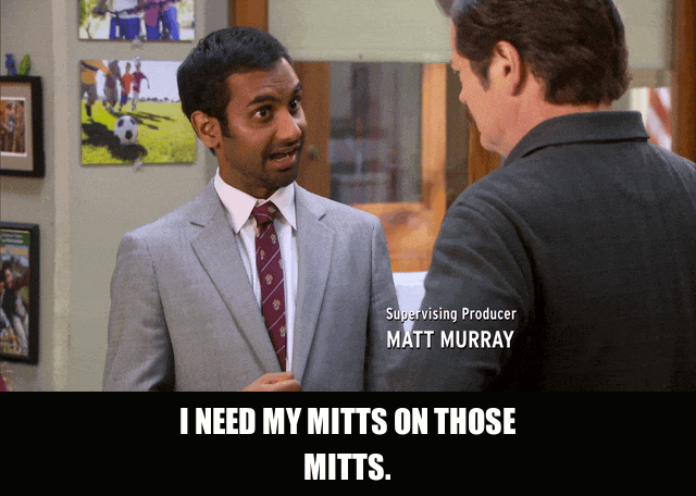 Nick Offerman in Parks and Recreation (2009), captioned "I need my mitts on those mitts.", Determined and Earnest reaction animated GIF